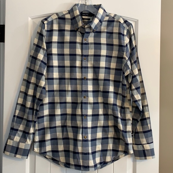 Nautica Slim Fit Blue & Cream Checked Long Sleeve Button Down Shirt, SMALL - Picture 1 of 6